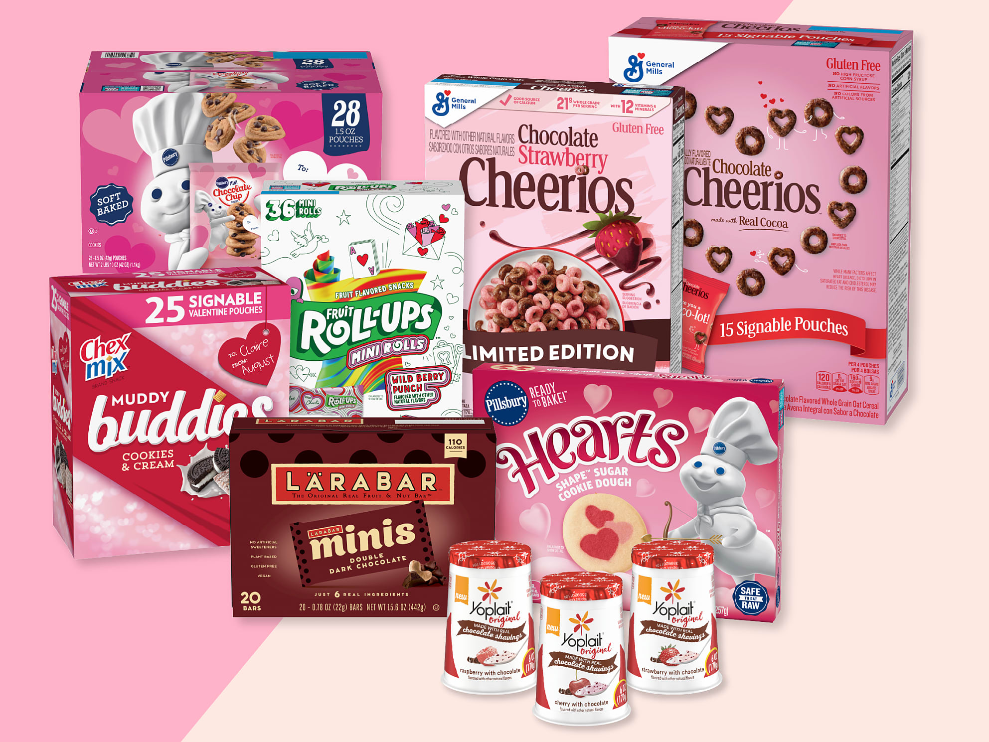 General Mills Valentine’s Day-themed snacks featuring Fruit Roll-ups, Cheerios, Pillsbury, Chex Mix, LÄRABAR, and Yoplait.